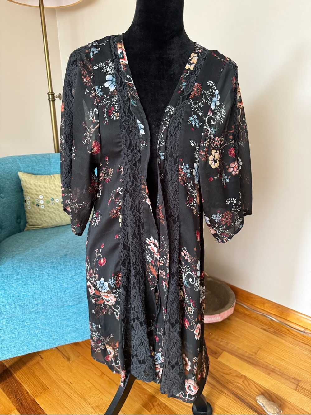 American Eagle Outfitters Navy Floral Lace-Trim Kimono